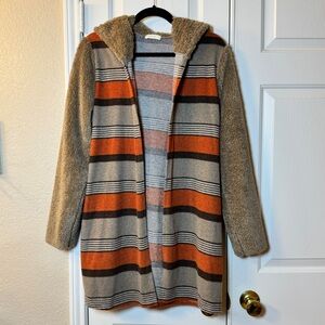 ODDY Tan & Orange Stripe Hooded Cardigan Sweater W/Furry Hood & Long Sleeves